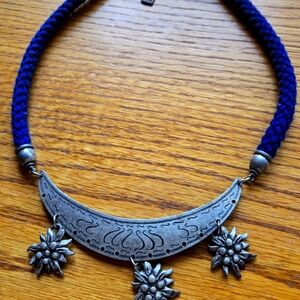 Boho Silver Floral Pendant Necklace with Blue Cord